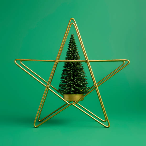 Golden Christmas star with pine tree on green background