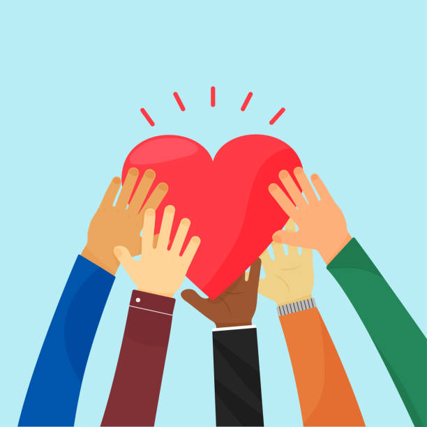 Ampathy and charity. Heart holding by different hands. Vector concept love, volunteer, community christian. Ampathy and charity. Heart holding by different hands. Vector concept love, volunteer, community christian. Social illustration compassion stock illustrations