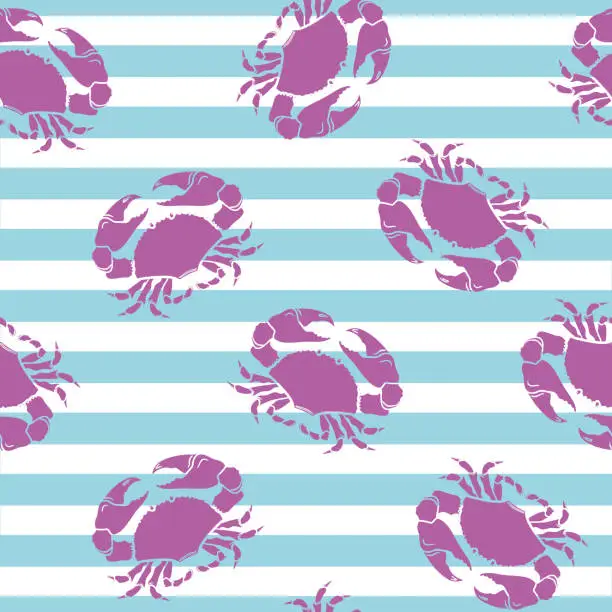 Vector illustration of Cute pink crabs on a striped background.Vector seamless pattern on the marine theme