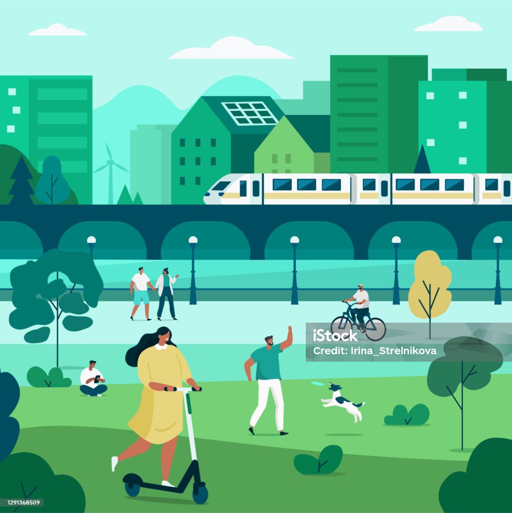 city park People Characters Walking in Urban Park. Men and Women relaxing in Nature, Walking and doing other Outdoor Leisure Activity. Modern City with Transport on Background. Flat Cartoon Vector Illustration. City stock vector