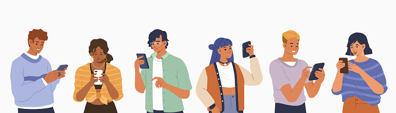 Young Fashionable People Looking on Smartphones and Chatting. Happy Boys and Girls talking and typing on Phone. Female and Male Characters collection. Flat Cartoon Vector Illustration.