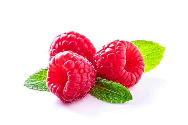 group of fresh raspberries isolated on white background - fruit front view isolated berry fruit imagens e fotografias de stock