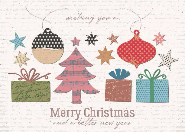 Vector illustration of Paper collage Christmas greeting card - wide format