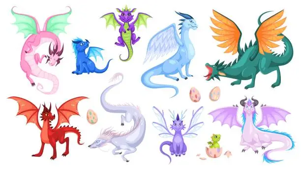 Vector illustration of Fairy dragons. Fantasy colorful creatures, medieval magic fairy tails animals, fire-breathing mythical reptiles, flying dinosaurs. Childish collection for design cartoon vector set
