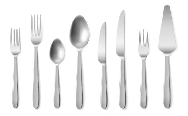 istock Realistic cutlery. 3d silverware clean closeup top view collection, steel flatware knives, spoons and forks. Restaurant table setting tools vector isolated on white background set 1291369181