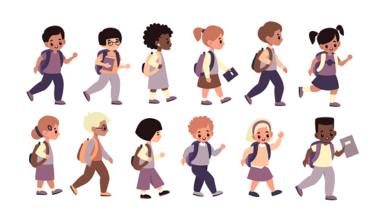 Children going school. Happy students line walk to class, multicultural pupils with backpacks and textbooks hurry to lessons, girls and boys get education. Cartoon flat vector childhood collection