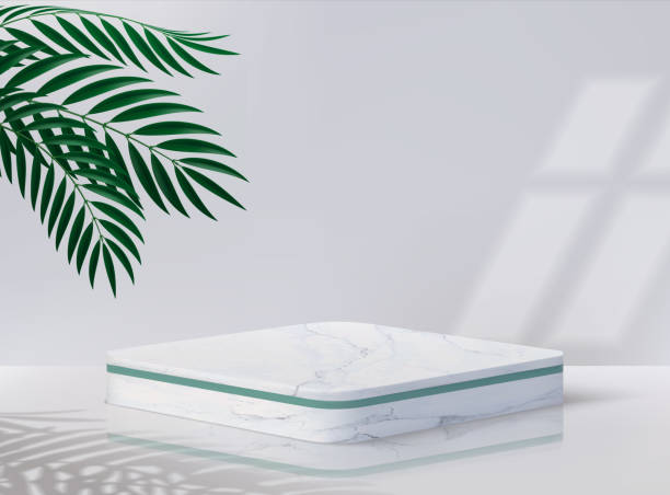 Minimal podium. Realistic pedestal for cosmetic product. 3D blank platform with white marble surface, overlay effects of plants shadows and light from window. Vector decorative showcase Minimal podium. Realistic empty pedestal for cosmetic product. 3D blank platform with white marble surface, overlay effects of plants shadows and light from window. Vector decorative square showcase stock cubes stock illustrations