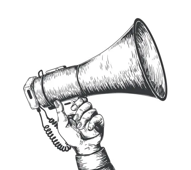 Vector illustration of Retro hand drawn megaphone. Realistic sketch of loudspeaker. Man holding sound equipment in hands. Device for increase voice volume. Audio broadcasting. Vector engraving illustration