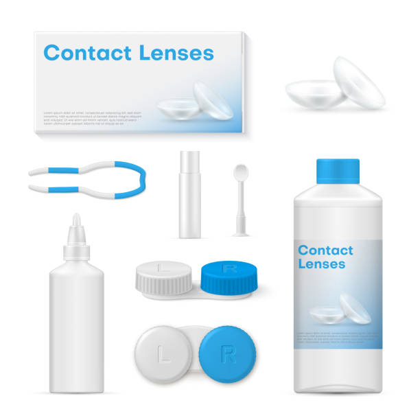 ilustraciones, imágenes clip art, dibujos animados e iconos de stock de conjunto de accesorios para lentes de contacto, salud médica de la visión ocular - lens box