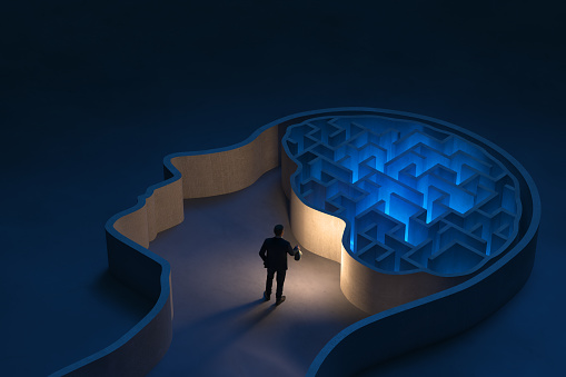 Seeking solutions in the maze-shaped human brain, 3D - Computer generated image