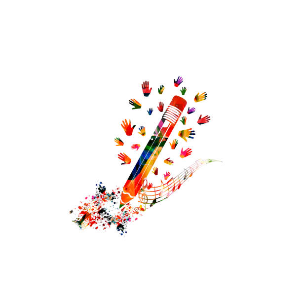 bunte bleistift mit noten und hände isoliert. kreatives schreiben, komponieren von musik, bildungskonzept vektor-illustration-design - teaching music learning sign stock-grafiken, -clipart, -cartoons und -symbole