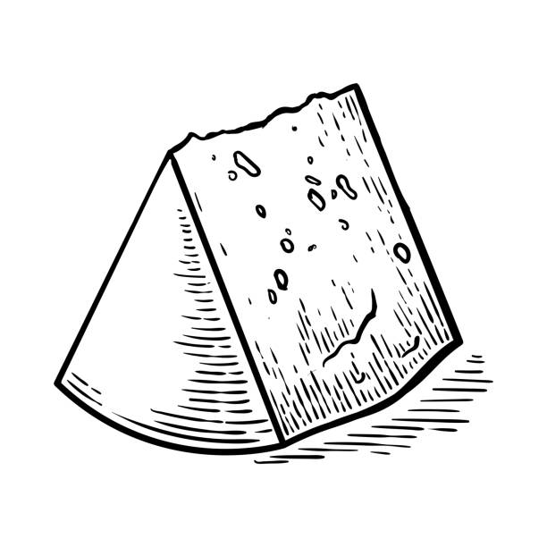 Hand drawn vector sketch chunk of cheese. Black and white vintage illustration. Isolated object on white background Hand drawn vector sketch chunk of cheese. Black and white vintage illustration. Isolated object on white background illustration cheddar cheese stock illustrations