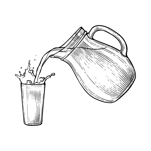 illustrations, cliparts, dessins animés et icônes de croquis d’eau ou d’éclaboussure de lait de la cruche en verre - pouring jug water liquid