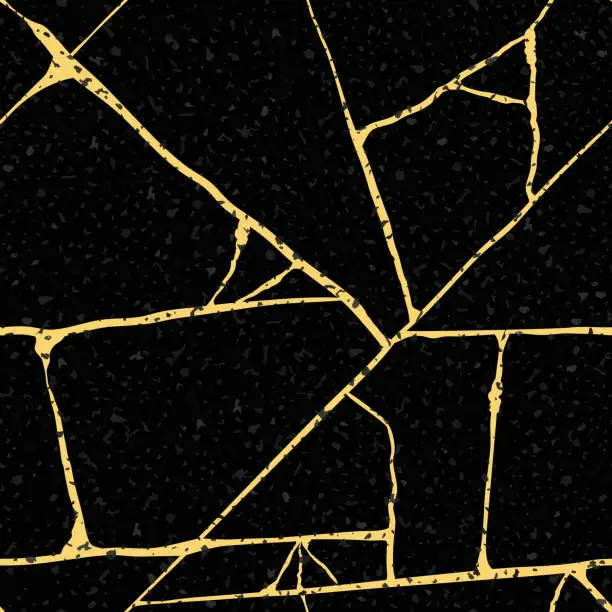Vector illustration of Gold kintsugi crack vector seamless pattern background. Golden irregular joined lines on black backdrop. Japanese art inspired broken marble luxury stone effect. Hand crafted elegant all over print.