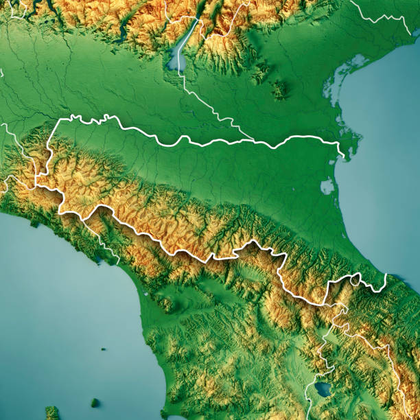 эмилия-романья италия 3d render топографическая карта цвет границы - ligurian sea стоковые фото и изображения