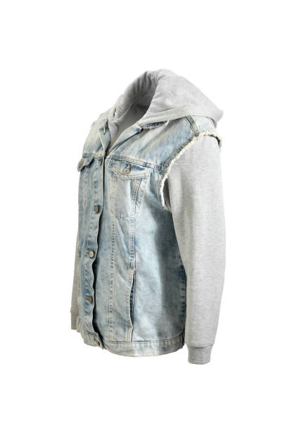 Stone washed hoody denim jacket on invisible mannequin isolated on white background
