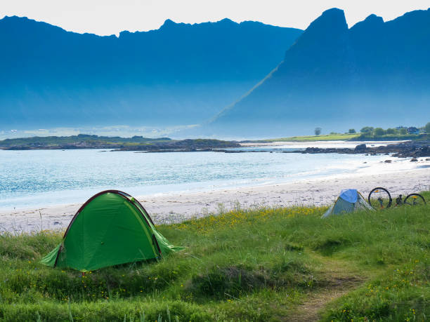 istock Seascape with tent on beach, Lofoten Norway 1291377074