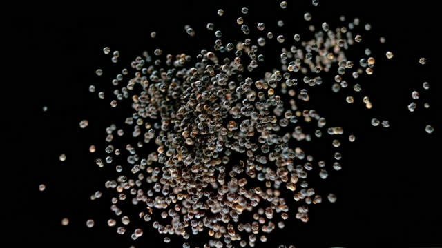 SLO MO LD Black peppercorns colliding in the air