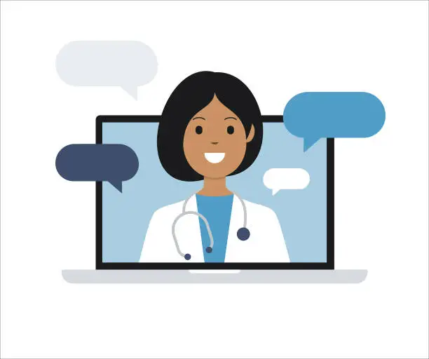 Vector illustration of Doctor on Laptop Computer Screen. Telemedicine. Medical consultation. Vector stock illustration