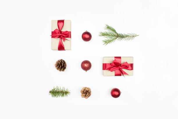 istock Gifts, fir cones, spruce branches, red decorations flat lay isolated on white background, copy space. Creative christmas composition. Christmas shopping. Happy new year, xmas celebration concept. 1291377846