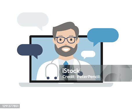 istock Doctor on Laptop Computer Screen. Telemedicine. Medical consultation. Vector stock illustration 1291377851