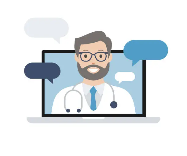 Vector illustration of Doctor on Laptop Computer Screen. Telemedicine. Medical consultation. Vector stock illustration