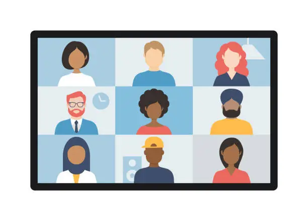 Vector illustration of Video conference. Group of people on computer, laptop, notebook, tablet screen. User interface. Multicultural friends and colleagues. Empty faces. Working at Home. Vector stock illustration