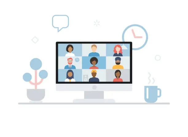 Vector illustration of Video conference. Group of people on computer screen. User interface. Multicultural friends and colleagues. Empty faces. Working at Home. Vector stock illustration