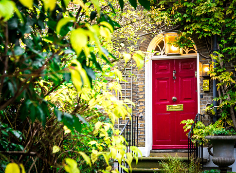 Color image depicting the exterior of a building on a traditional city street in Hampstead, an affluent area of London, UK. The house has a pretty red door, red brick walls, and the facade is decorated with a lush, verdant green bush. Room for copy space.