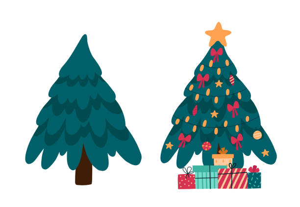 クリスマスツリーの前後のクリスマスツリーのクリスマスの装飾、星、ライト、装飾ボール、ランプやギフトボックス。メリークリスマスと幸せな新年。フラット漫画のベクトルのイラスト� - star shape christmas ornament heap stack点のイラスト素材／クリップアート素材／マンガ素材／アイコン素材