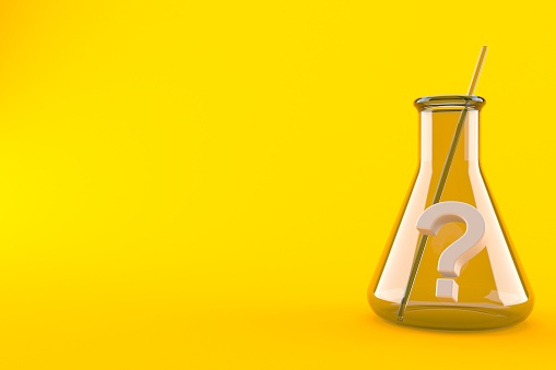 Question mark inside chemistry flask isolated on orange background. 3d illustration