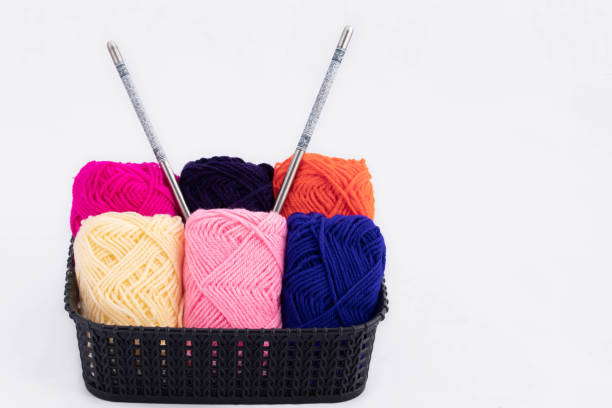 istock Variety Of Colorful Bright Rectangular Shaped Woolen Rolls Decorated In Chocolate Colored Basket And Knitting Needles Isolated On White Background With Blank Space For Custom Text 1291384502