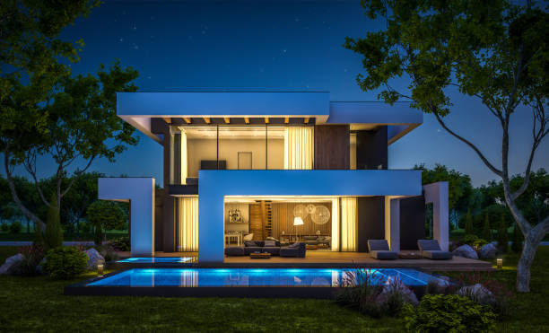 istock 3d rendering of modern house in luxurious style in night 1291384519