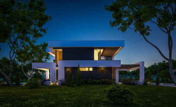 istock 3d rendering of modern house in luxurious style in night 1291384583