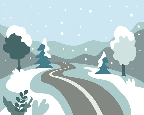 Forest landscape of a winter forest or park. Hills with trees, road in snow. Blue sky with clouds, snowfall. vector flat illustration.