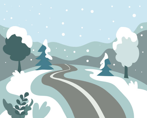 Forest landscape of a winter forest or park. Hills with trees, road in snow. Blue sky with clouds, snowfall. Forest landscape of a winter forest or park. Hills with trees, road in snow. Blue sky with clouds, snowfall. vector flat illustration. snow road stock illustrations