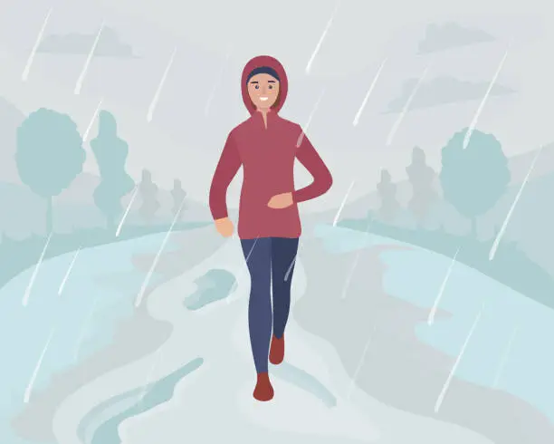 Vector illustration of A woman running in the park in the rain and snow. Sports training on the street. Runner in motion. Marathon and long runs outside. running and fitness every day in all weathers