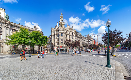 Porto, Portugal - August 11, 2019: Liberdade Square. Liberty or Freedom Square and monument to Pedro IV. It is located in Santo Ildefonso parish, in the lower town (Baixa) area. The square is continuous on its north side with the Avenida dos Aliados, an important avenue of the city.