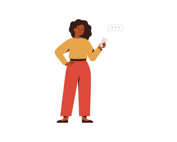 Black businesswoman chatting on a smartphone. Happy freelancer or office female working remotely use a mobile. African girl looking at the phone and typing the message. Black businesswoman chatting on a smartphone. Happy freelancer or office female working remotely use a mobile. African girl looking at the phone and typing the message. Vector illustration solo stock illustrations