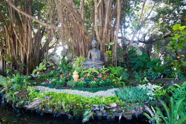 A small Buddha statue nestled between vibrant green leaves, creating a serene atmosphere and highlighting the beauty of nature and spirituality in a calming setting.