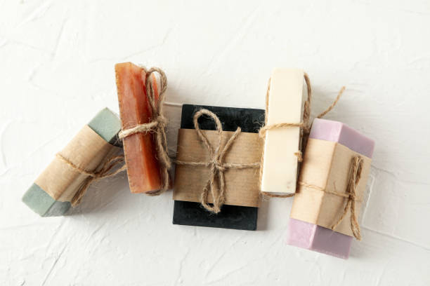 istock Pieces of natural handmade soap on white background 1291392902