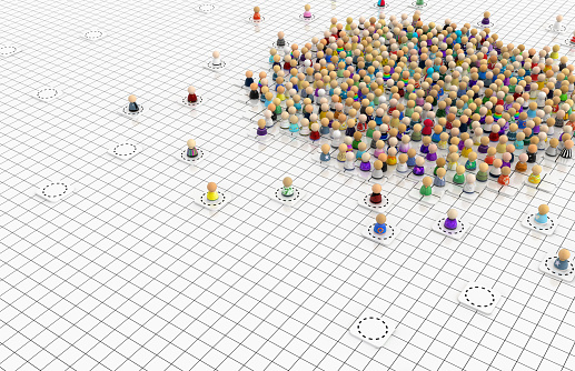 Crowd of small symbolic figures planning lines grid layout spots, 3d illustration, horizontal