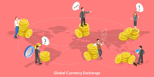 3d изометрическая плоская векторная концептуальная иллюстрация глобальной валютной биржи. - trading finance global finance currency stock illustrations