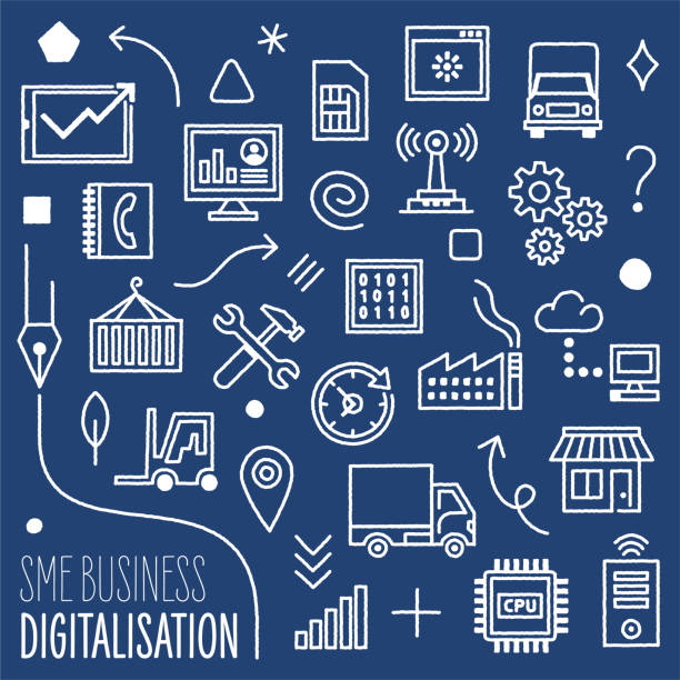 illustrazioni stock, clip art, cartoni animati e icone di tendenza di progettazione del marketing dei contenuti di digitalizzazione aziendale delle pmi - hotel war