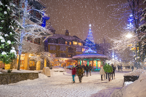 Festive evening in Whistler village. Whistler at Christmas. Top ski resorts in the world. Best travel destinations in Canada.
