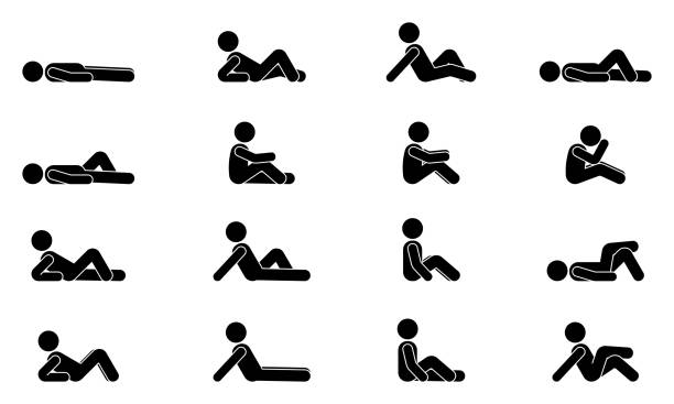 illustrazioni stock, clip art, cartoni animati e icone di tendenza di stick figura maschio sdraia varie posizioni illustrazione vettoriale set di icone. uomo persona che dorme, posa, seduto sul pavimento, vista sul suolo silhouette pittogramma su bianco - vista laterale immagine