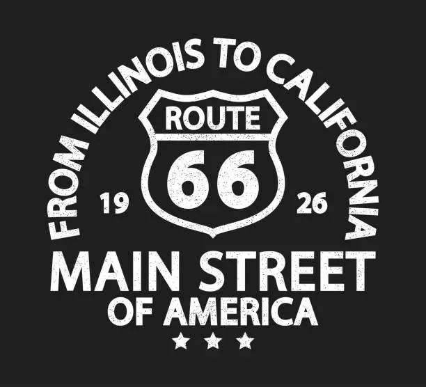 Vector illustration of Route 66 vintage retro print for t-shirt. Typography graphics with road sign from Illinois to California. Apparel design with grunge. Vector