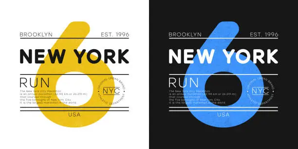 Vector illustration of New York marathon print for t-shirt design. Athletic typography graphics for running theme. Brooklyn run apparel print with number. Vector