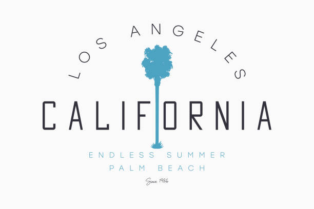 illustrations, cliparts, dessins animés et icônes de conception de t-shirt de la californie et de los angeles avec la silhouette de palmier. slogan d’été sans fin pour l’impression de tee-shirt. graphismes typographiques pour vêtements californiens. vecteur - letter t tree typescript alphabet