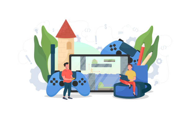 Game designer flat concept vector illustration Dame designer flat concept vector illustration. Coding and programming. Professional play testing. Video game developer team 2D cartoon characters for web design. IT project creative idea game developer stock illustrations